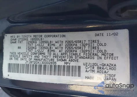 2003 Lexus Gx 470 z USA, uszkodzony, nr VIN JTJBT20X130002835